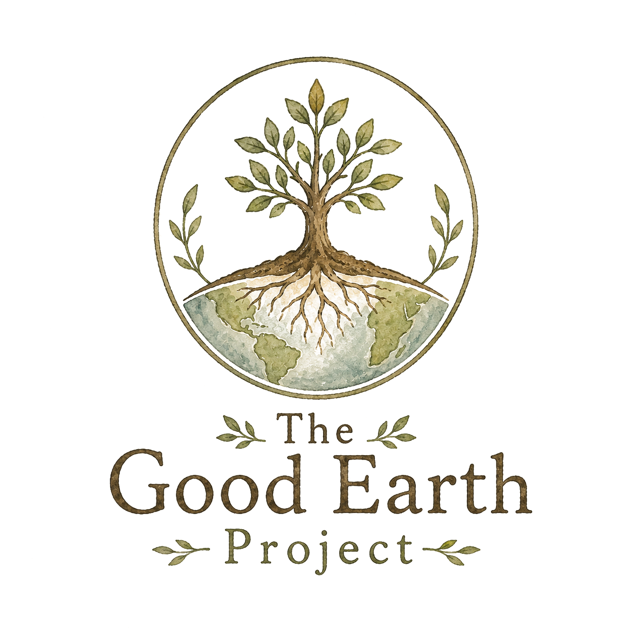 The Good Earth Project logo featuring a watercolor tree with roots growing over the earth.