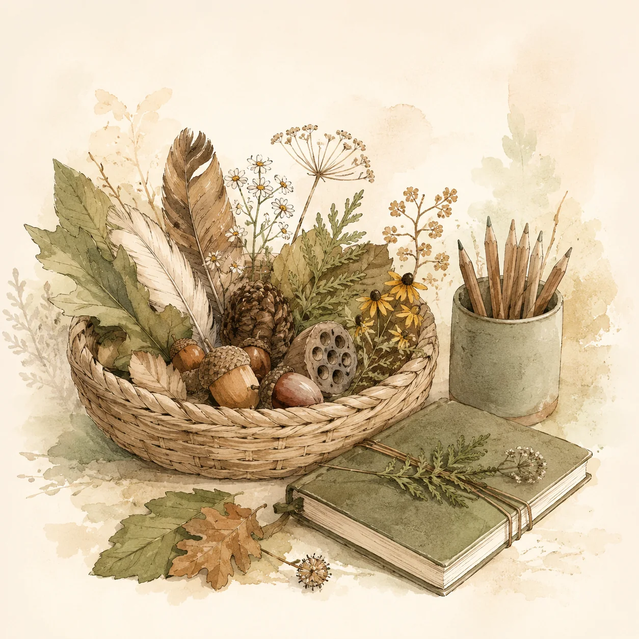 Watercolor basket of gathered leaves, feathers, acorns, and flowers beside a journal and pencils for the About section.