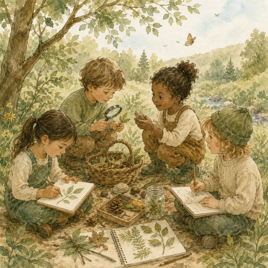 Watercolor children observing leaves, stones, and nature objects outdoors for the activities section.