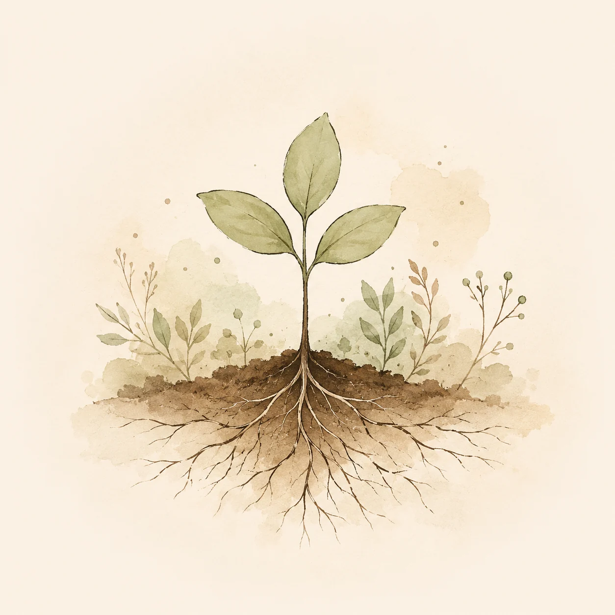 Watercolor seedling with visible roots growing in soil for the Enrollment section.