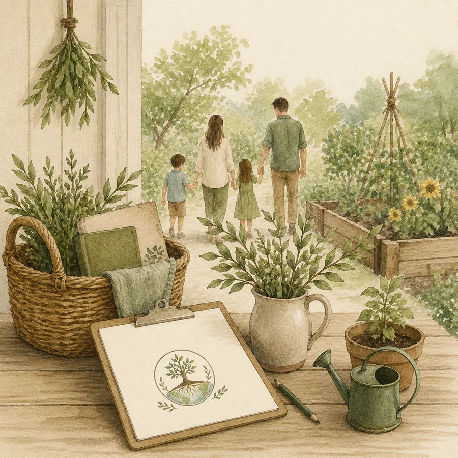 Watercolor family walking through a garden path for the Families section.
