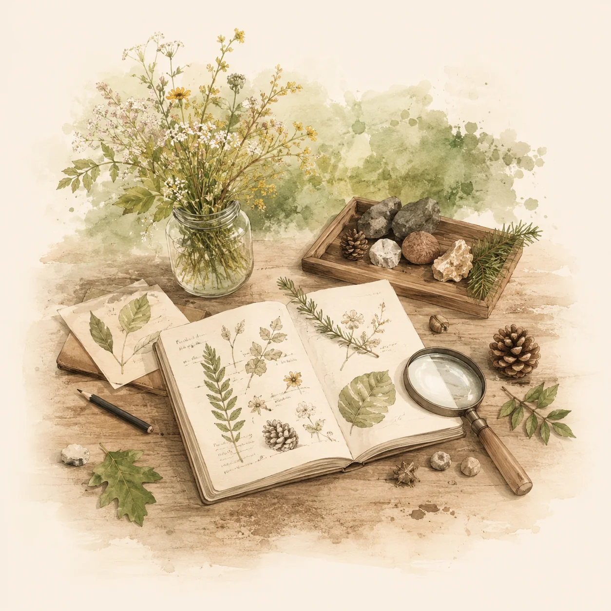 Watercolor nature journal with leaf studies, a magnifying glass, and gathered specimens for the Learning Pillars section.