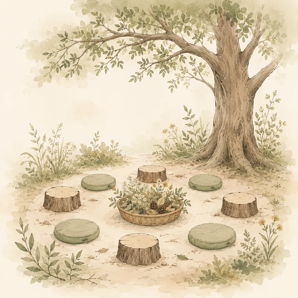 Watercolor outdoor circle space with tree stumps, cushions, and a basket of natural materials for the Program Details section.